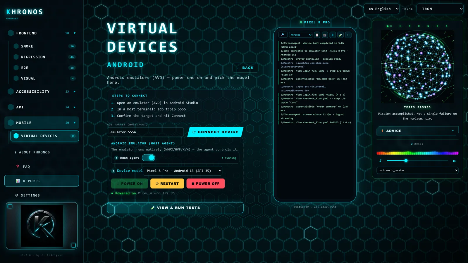 Khronos running mobile tests on a virtual device